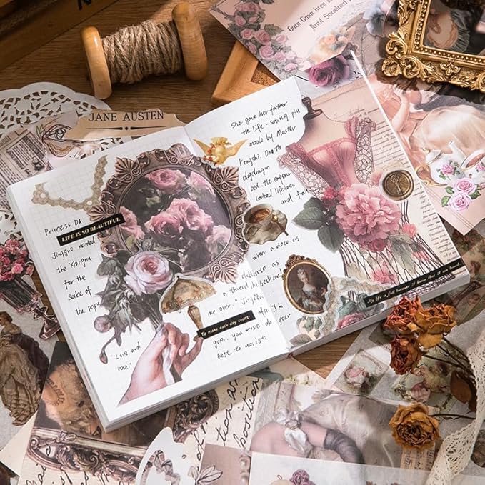 50 Sheets Victorian Journaling Stickers and Collage Paper, Ephemera Book for Junk Journals Supplies, Scrapbooking, 30 Sheets Pre-Cut Washi Stickers, 20 Decorative Background Papers