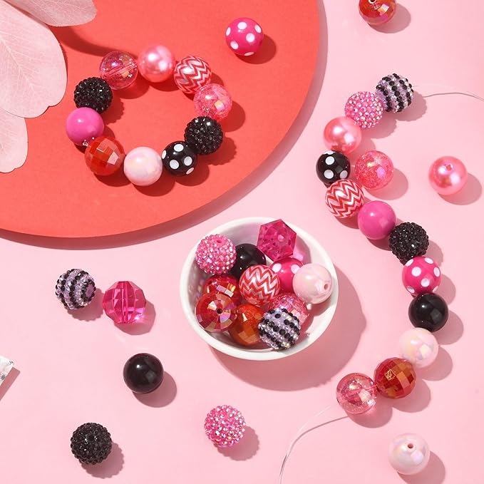 Ipotkitt 50 Pcs 19~20mm Acrylic Beads Sets Colorful Resin Bubblegum Round Spacer Beads Large Chunky Plastic Beads for Valentine's Day DIY Jewelry Decor
