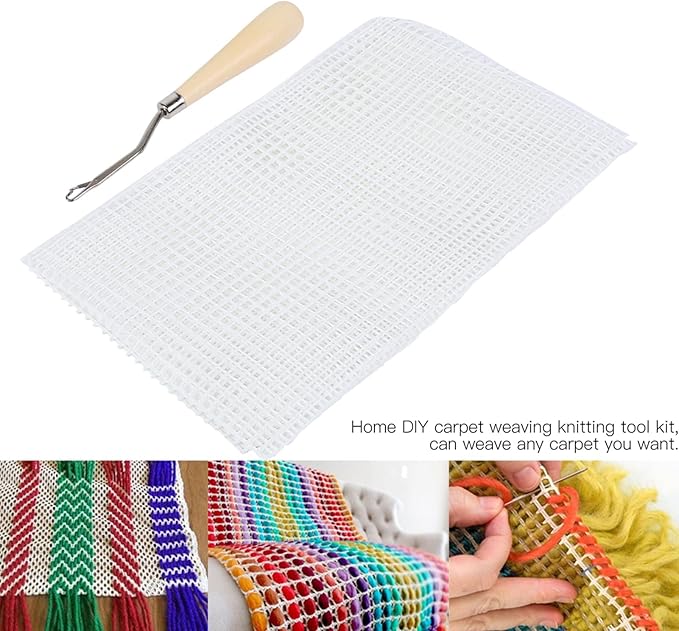 Blank Rug Hooking Mesh, Wooden Handle Crochet Mesh Fabric, Household DIY Hand Made Crocheting Carpet Rug Knitting Mesh Cloth Accessory Tools for DIY (Mesh Cloth 50cm + Wooden Handle Crochet Hook)