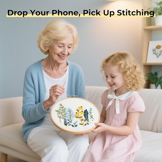 htvront embroidery kit for beginners- 3 pcs needlepoint kits for adults with step by step video, flower beginner embroidery kit for adults, pre-printed patterns for gift for women