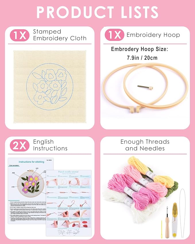TINDTOP Punch Needle Kits, Flowers Punch Embroidery Kits for Adults Beginner, Tool with Punch Needle Fabric, Hoops, Yarns and Sewing Needles