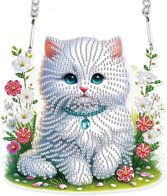 White Cat Diamond Painting Hanging Kit, 5D DIY Acrylic Diamond Art Pendant with Special Shaped Rhinestones, Stained Glass Style Wall, Door or Window Decoration, Handmade Craft Gift for Adults