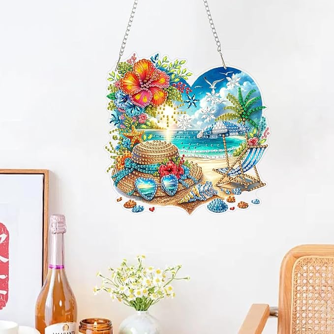 ARPADAMO Hanging Diamonds Art kit for Adult,DIY Summer Beach Pendant Diamonds Painting Art Kit, 7.2x7 inch Acrylic Diamonds Painting Board Kit Ornament, Special Crystal Diamond Hanging Ornament