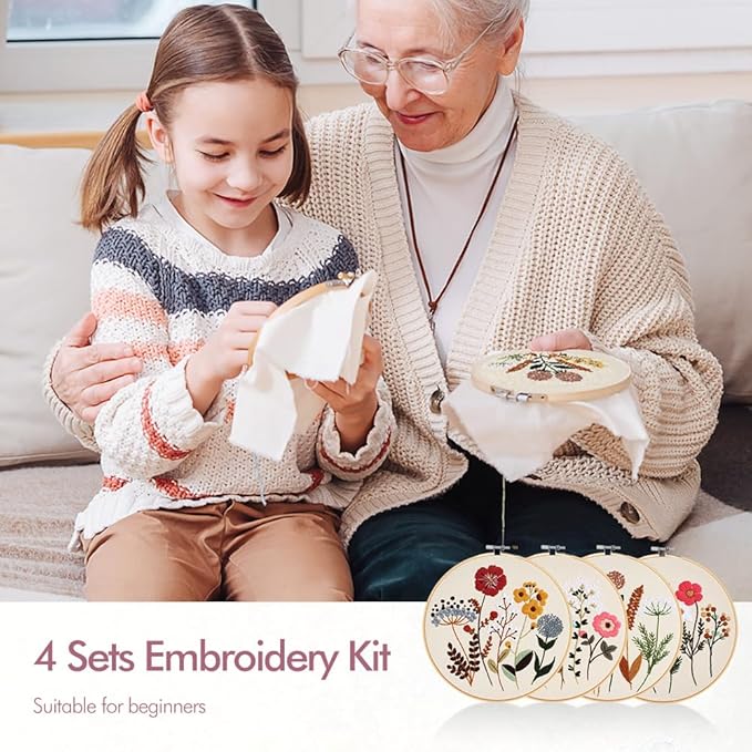 wtisan embroidery kit, 4 sets embroidery kit for beginners with stamped flower pattern, cross stitch starter kits for adults hand craft lover with embroidery hoop, instructions and threads