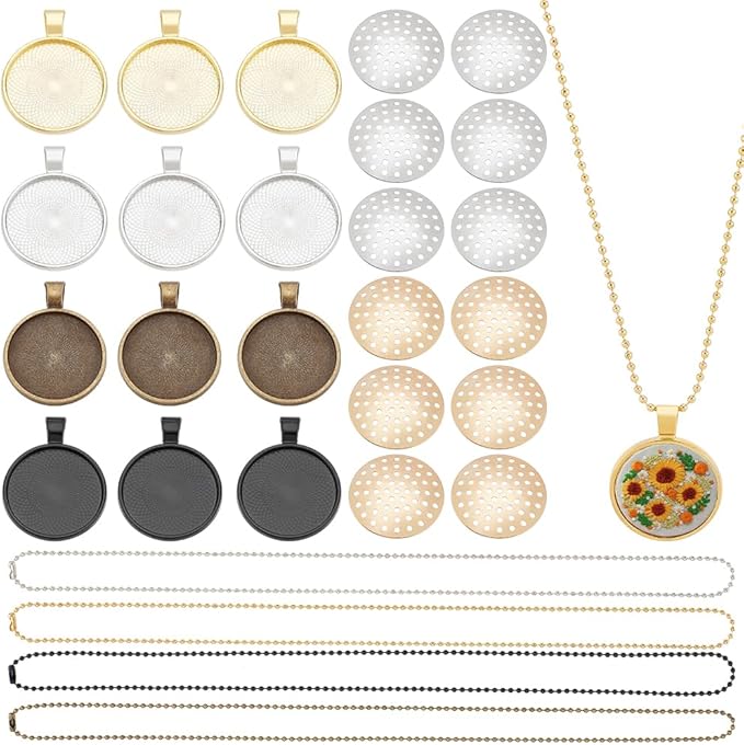 FREEBLOSS 12 Set Round Bezel Pendant Trays Necklace Pendant Blank Frame for Embroidery Round Pendant Tray Charm DIY Jewelry Making Kit for Necklace DIY Embroidery Necklace Needlepoint