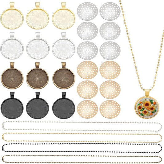 FREEBLOSS 12 Set Round Bezel Pendant Trays Necklace Pendant Blank Frame for Embroidery Round Pendant Tray Charm DIY Jewelry Making Kit for Necklace DIY Embroidery Necklace Needlepoint