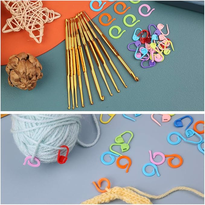 40 Pcs Double End Crochet Hook Set, Include 10 Pcs Golden Aluminum Crochet Needles, 10 PCS Knitting Crochet Markers Ring, 20 PCS Knitting Stitch Markers for Craft DIY