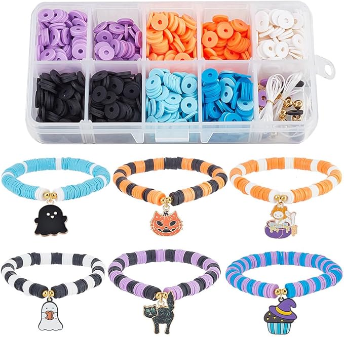 SUNNYCLUE 1 Box 996Pcs DIY 6 Set Halloween Bracelets Making Kit Polymer Clay Beads 8mm Clay Bead Pumpkin Cat Charms Heishi Beads for Jewelry Making Kits Beginners Women DIY Halloween Bracelets Gift