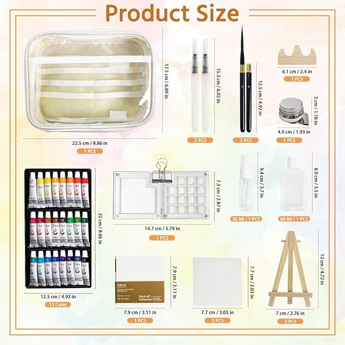 Mini Watercolor Palette Set,34Pcs Artist Watercolor Palette Travel Set with Colors,Wooden Paint Box,Brush,Holder,Oil Cup,Plastic Bottles Storage Bag for Beginners Artists Student(15 Grids)