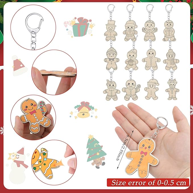 Trnayi 36 Pcs Gingerbread Man Craft Unfinished Wooden Keychains Color Your Own Gingerbread Man Ornament to Paint Blank Wood Painting DIY Crafts for Christmas Party Home Activities Arts Project Decor