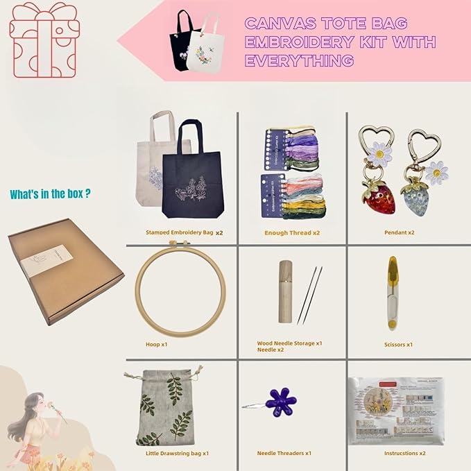 Speedura Embroidery Kit for Beginners – Dual Canvas Tote Bags with Floral Cross Stitch Patterns | Complete Needlepoint Set Includes Hoops, Threads & Step-by-Step Video Tutorial (Beige & Black Set)
