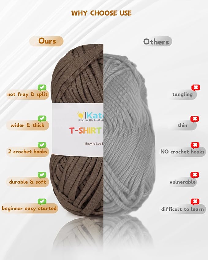 Katech 400g T-Shirt Yarn for Crocheting, 130yds Elastic Fabric Crochet Spaghetti Yarn for Hand DIY Bag & Basket Cushion Crocheting Projects, Home Decor (Lightbrown)