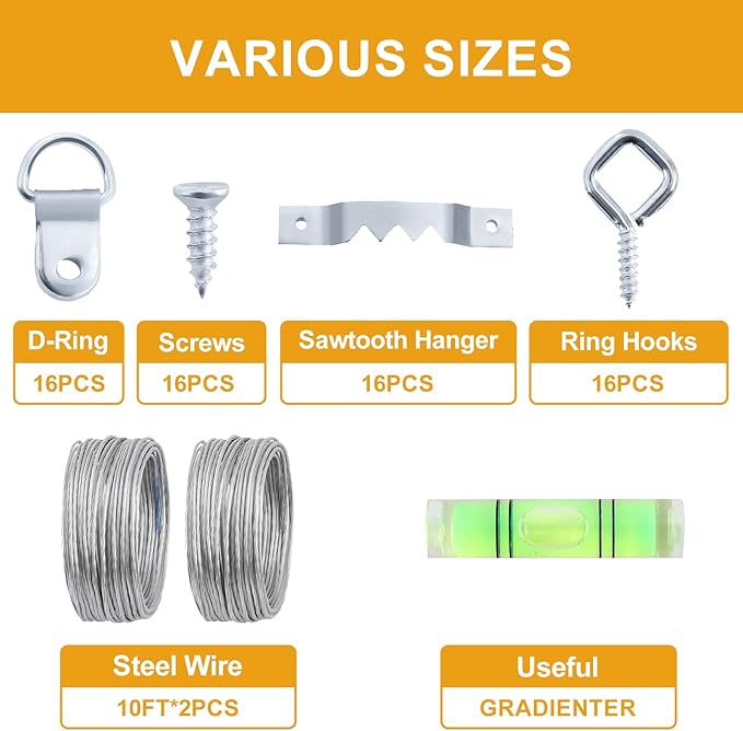 KURUI 303Pcs Picture Hanging Kit, Picture Hangers Assorted Kit with Heavy Duty Wall Hooks, Sawtooth, Picture Wire, D Rings, Hardware Nails, Eye Hooks, Silver Heavy Duty Frame Hooks