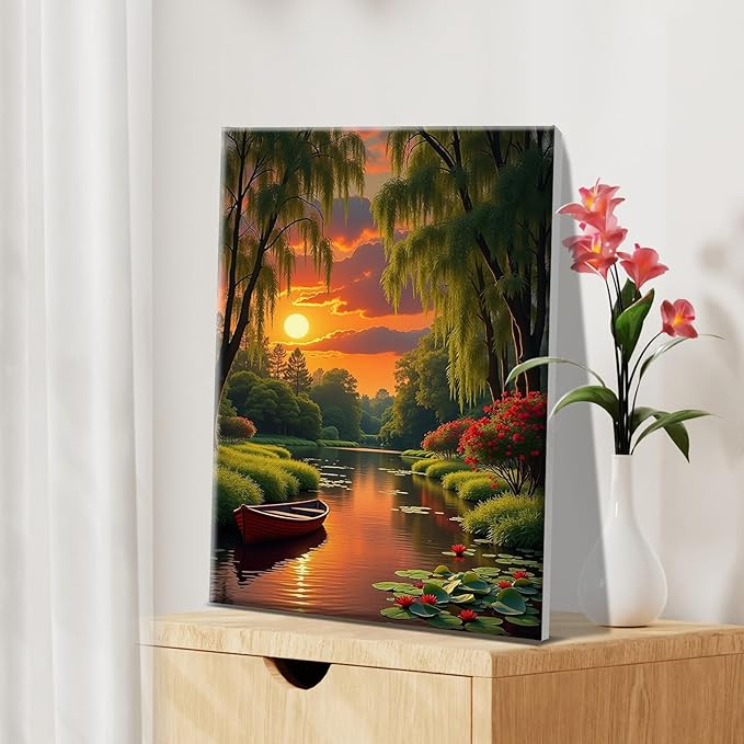 JOOZ Landscape Paint by Numbers Kit for Adults with Frame Sunset Paint by Number with Easel Boat Adult Paint by Number Kits Framed Canvas Boat Oil Painting Kits for Home Wall Decor 8x12 Inch