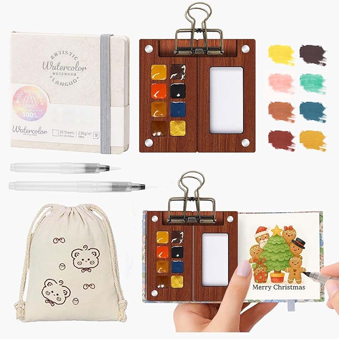 Mini Watercolor Paint Set – Travel Watercolor Set with 8 Color Palette, 300g Sketchbook, Water Brushes, Clip & Storage Bag, Pocket Size Portable Water Color Kit for Artists, Students & Beginners