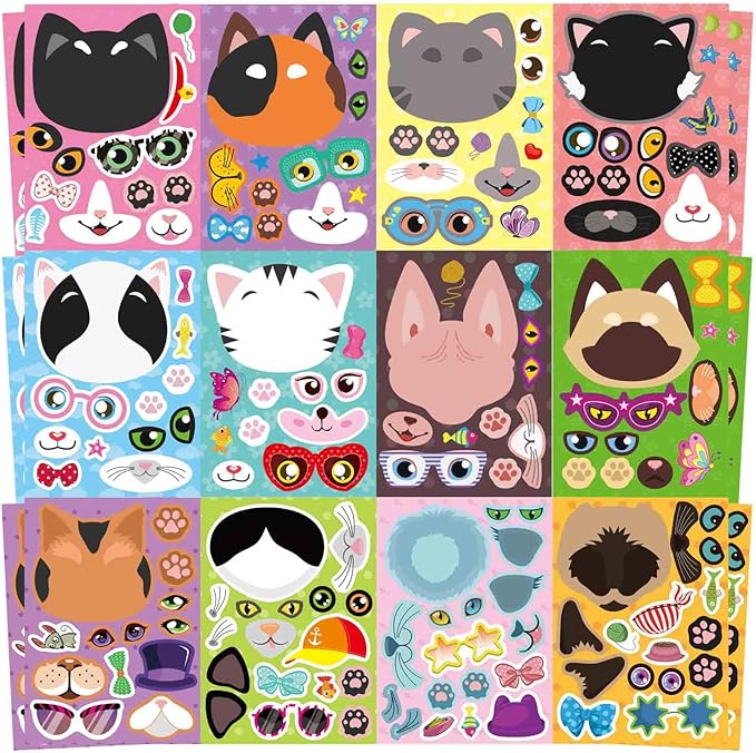 48 sheets cat stickers,make a face stickers for kids, make your own cat sticker, animal sticker for kids 3-5, brithday gift party favors, teacher reward classroom games craft