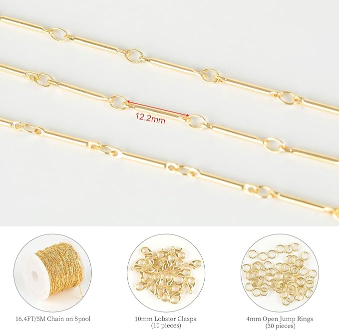 KYUNHOO 16.4 Feet Brass Chains for Jewelry Making 18k Gold Plated Jewelry Chain Roll 12MM Stick Link Chain Necklace for Women DIY Craft Jewelry Making Supplies