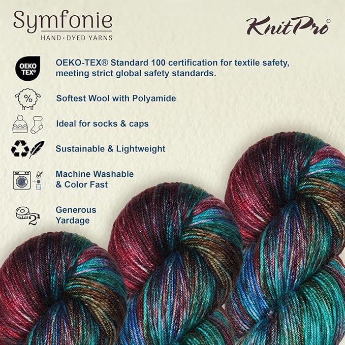 KnitPro Symfonie Fingering Weight Hand Dyed Variegated Yarn Skein | Extra Fine Merino Wool & Polyamide Blend for Knitting & Crocheting, Oeko-TEX Certified 400m, 100g | Terra Tropical Seascape