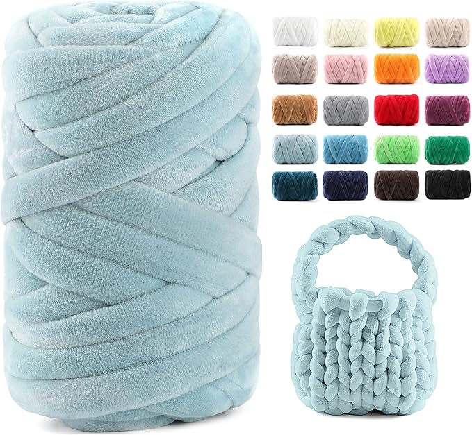 Chunky Yarn for Hand Knitting & Arm Knitting - 0.66lb Super Bulky Velvet Chenille Tube Yarn for DIY Pillows, Pet Beds, Baskets & Home Decor | No Tools Needed, Machine Washable, Gray-Blue, 1 Pack