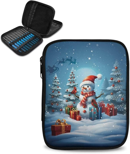 Hechitok Christmas Tree Snowman Empty Crochet Hook Case Portable Travel Crochet Storage Bag Organizer Zipper Bags with Web Pocket and Crochet Holder Slots for Crochet Knitting Accessories