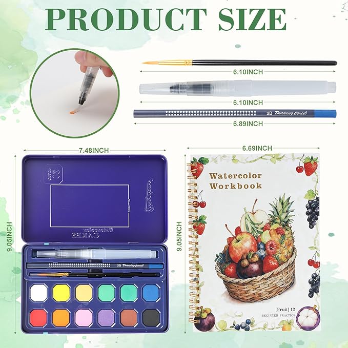 Watercolor Coloring Book Set with Paint & Brush – 12 Colors Fruit Theme, Art Therapy Activity Kit for Classroom, Corporate Events, Employee Birthday Gifts, ADHD Relaxation & Stress Relief
