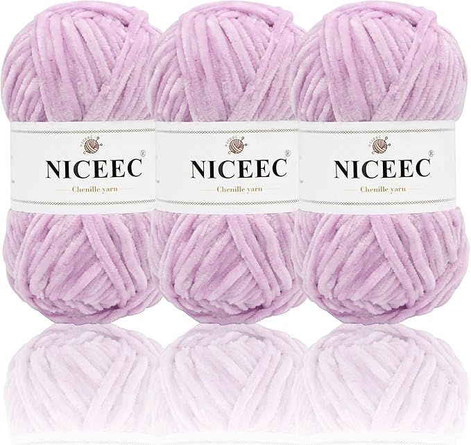 NICEEC 3 Skeins Soft Chenille Yarn Blanket Yarn for Knitting Fancy Yarn for Crochet Weaving DIY Craft Total Length 3×85m (3×93yds, 3×50g)_Purple