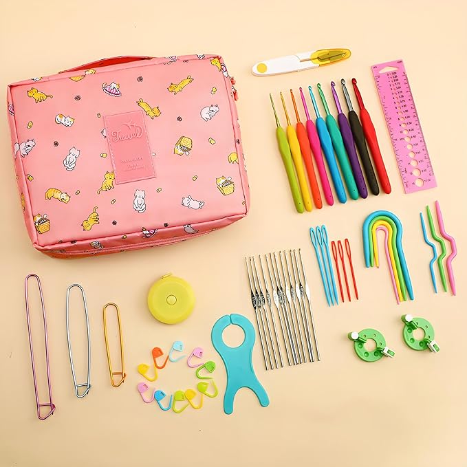 QRZLP Complete Crochet Kit with Storage Bag - 59-Piece Beginner Crochet Set Includes Yarn Balls, Crochet Hooks, Stitch Markers, Needles & Accessories for DIY Knitting, Amigurumi, and Craft Projects.
