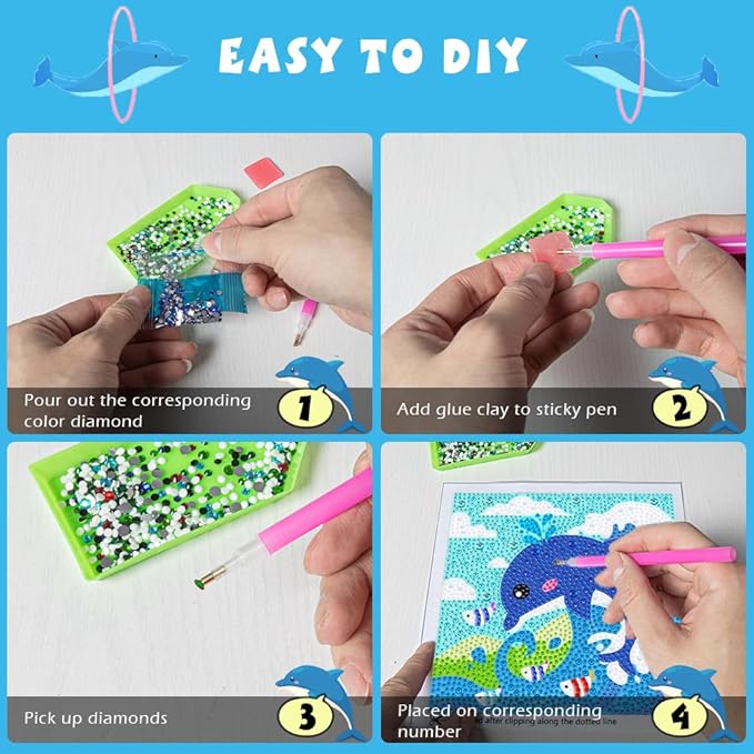 QEUOYSS Diamond Art Kit for Kids with Wooden Frame Art and Crafts for Kids Ages 6-8 -10-12 Easy to DIY Diamond Art for Kid and Adult Beginners Home Wall Decoration (Dolphin)