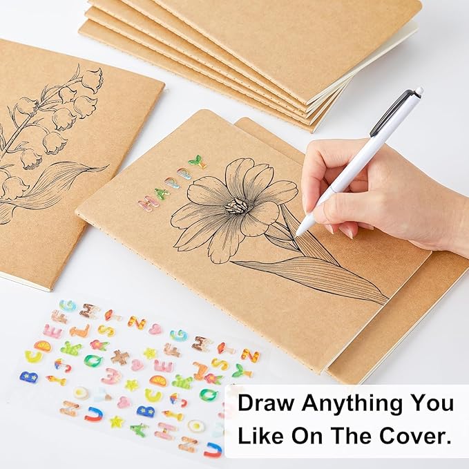 feela 8 pack unlined kraft paper notebooks, blank journal note pad for drawing writing, small sketchbook travel journal bulk for women kids students office school supplies, a5, 60 pages, 8.3” x 5.5”