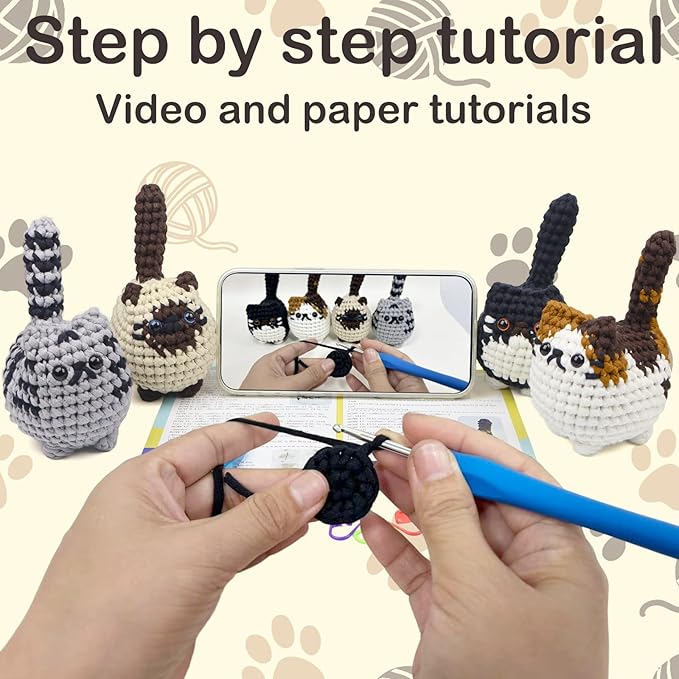 Utook Crochet Kit for Beginners, 4-Pack Crochet Animal Kit,Crochet Kits for Beginners Adults, with Instructional Videos and Paper tutorials, Handmade Crafts, Holiday Gifts (Cat Family)