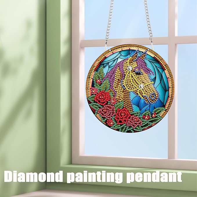 LazyFold Hanging Ornament, Diamond Painting Kits Hanging Pendants - DIY Horse Rose 5D Crystal Rhinestone Art, Home Garden Wall Door Birthday Festival Gift