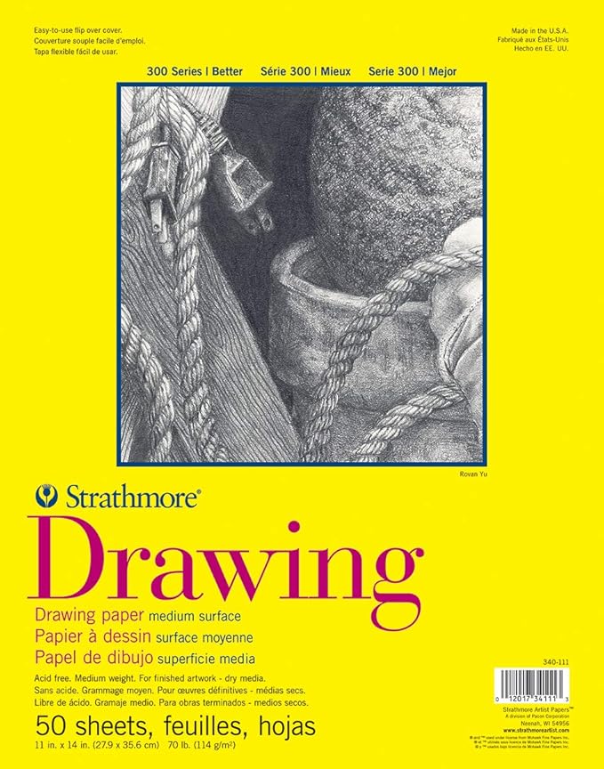 Strathmore 300 Series Drawing Paper Pad, Glue Bound, 11x14 inches, 50 Sheets (70lb/114g) - Artist Paper for Adults and Students - Charcoal, Colored Pencil, Ink, Pastel, Marker
