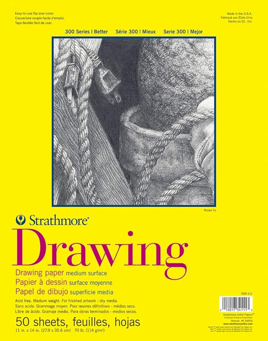 Strathmore 300 Series Drawing Paper Pad, Glue Bound, 11x14 inches, 50 Sheets (70lb/114g) - Artist Paper for Adults and Students - Charcoal, Colored Pencil, Ink, Pastel, Marker