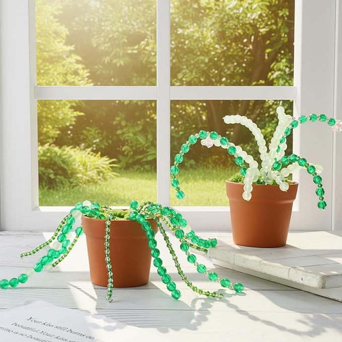 Hoolerry 2 Sets DIY Beaded Plant Kits 2.5 Inch Mini Beads and Planter Making Kit Crafts Desktop Vase Decor Green Beads Succulent Flower Kit Ornaments for Home Decor Plants Lover Handmade Gifts (Brown)