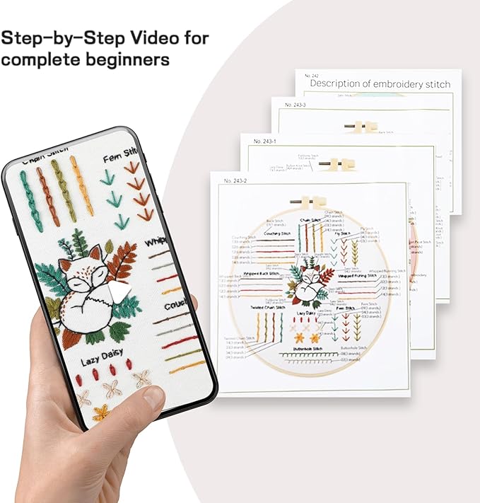 JOINRUN Beginner Embroidery Kit for Adults, 3 Pack Cross Stitch Kits with Pre-Printed Patterns, Threads, Needles, Learn Stitches with 7.8" Hoop, Video Tutorial, DIY Needlework Craft Gift for Women