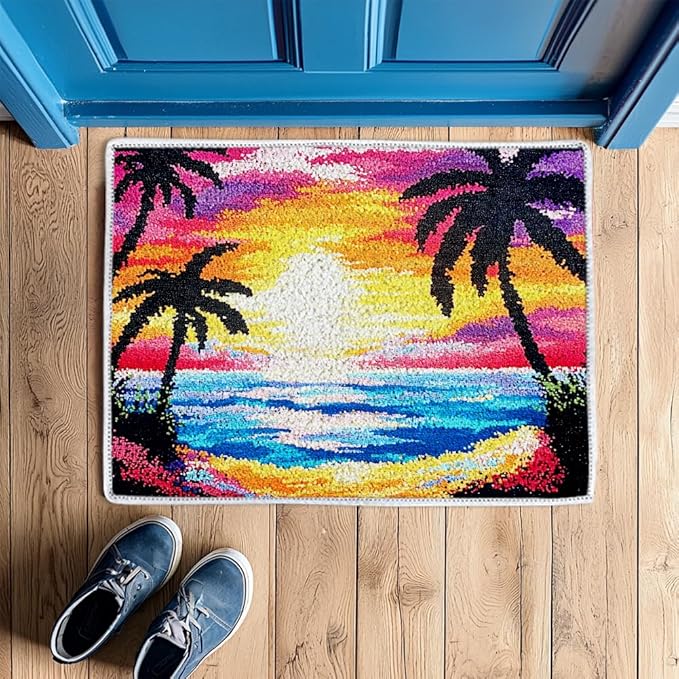 ORIGACH Sunset by The Beach Latch Hook Rug Kit for Adults Printed Rug Making Kit Handmade Carpet Tapestry Cover with Hook Latch and Preprinted Canvas, Home Arts Crafts Sofa Decor, 20.5x15inch
