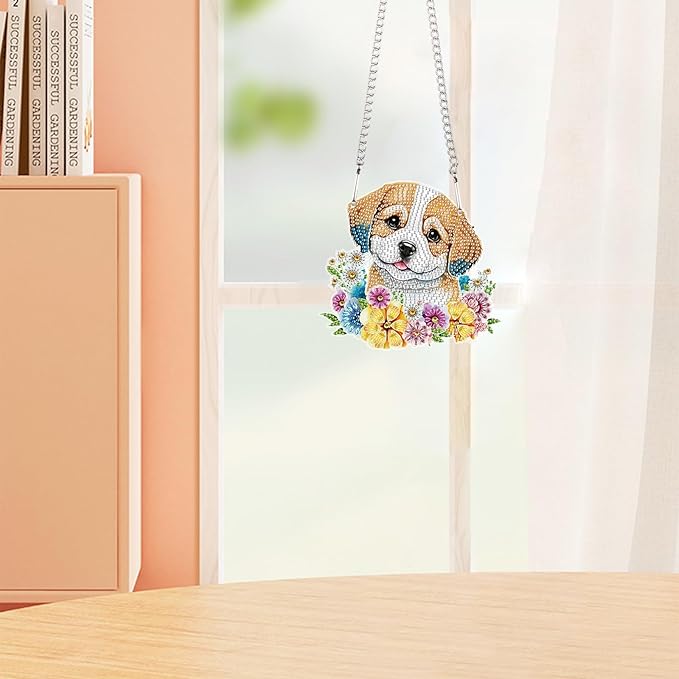 AiYuanzsh DIY 5D Animal Dog Diamond Art Painting Kits Hanging Sign Wall Art Flower Sign Diamond Art Window Hanging Ornament Window Pendants Home Garden Wall Door Hanging Diamond Painting Kits