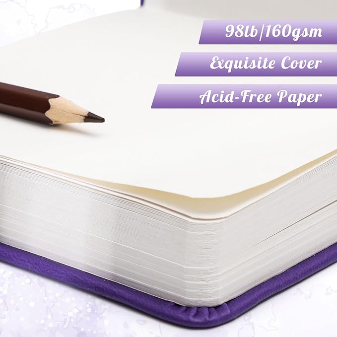 Hardcover Pocket Sketchbook, 5" x 5" Square Mini Sketchbook, 98lb/160gsm Heavyweight Tiny Sketch Book, 80 Sheets Small Travel Drawing Journal for Adults, Artist, Ideal for Gift (Purple)