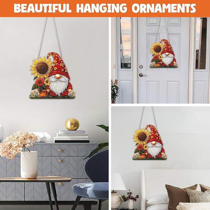 NAIMOER Diamond Art Hanging Kits for Adults Gnome Sunflower 5D Special Shaped Rhinestone, DIY Acrylic Diamond Art Painting Window Pendants Home Garden Wall Hanging Ornament Kits, Double Sided