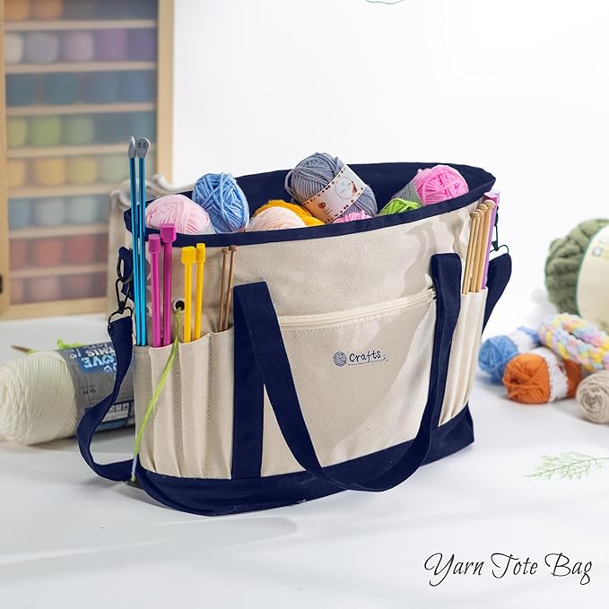 Canvas Yarn Storage Organizer Bag Washable Crochet Bag with Pockets for Yarn, Hooks, Needles – Travel Knitting Tote for Crafters – Gift for Crocheters & Knitters (Medium/Large)