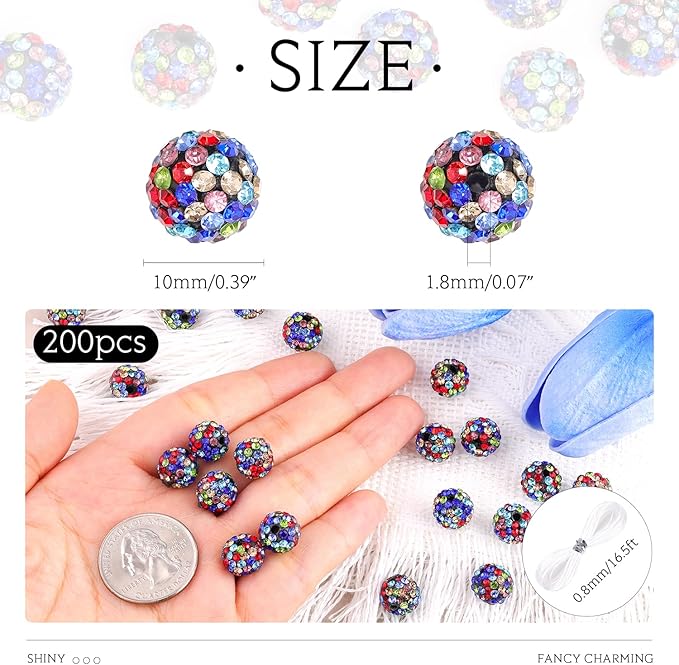 200 pcs black mixed rhinestone beads for jewelry making, sparkle crystal clay christmas for bracelet baseball necklace earring crafting and diy, shiny round shamballa disco ball beads bulk