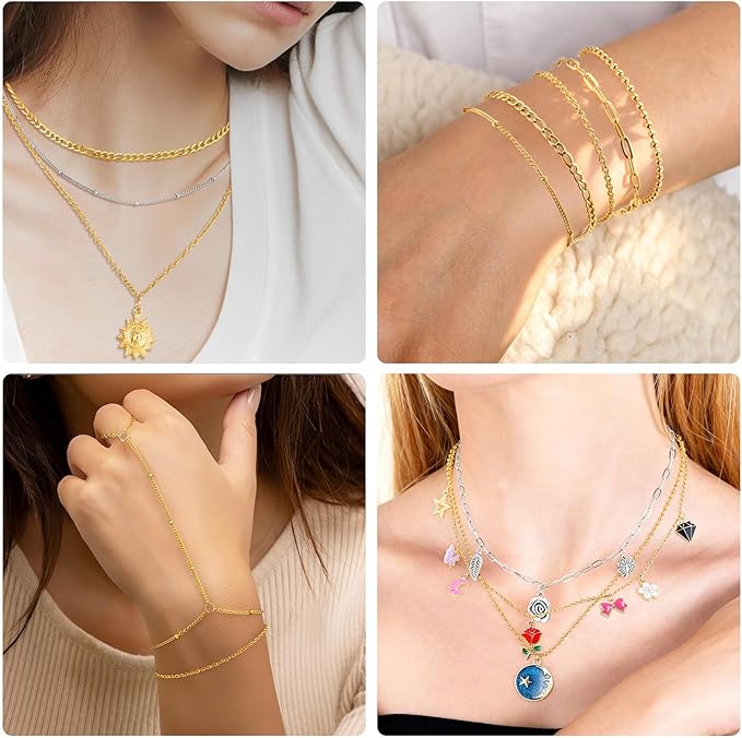 Zefy 18K Gold Silver Chain for Jewelry Making Kit, 39.6ft 12 Rolls Stainless Steel Chains Bulk with 380 Pcs Charms, Jump Rings Lobster Clasps Set for DIY Bracelet Necklace Crafts