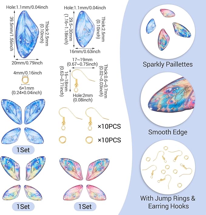 FASHEWELRY 12Pcs Resin Butterfly Wing Charms for Jewelry Making, Pastel Glitter Colorful Insects Wing Pendant Earrings Making Kit Earring Hook Jump Rings