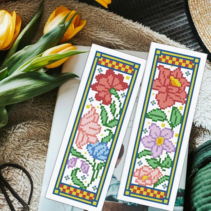 ORIGACH 6 Set Medieval Garden Flower Cross Stitch Bookmark Kit for Beginner with Backing Felt Floss Instructions DIY Stamped Embroidery Bookmark Kit for Adults, Book Lovers