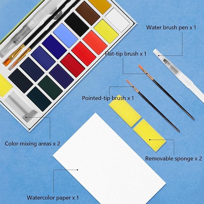 16 Colors Large Block Watercolor Paint Set for Watercolors Workbook, Portable Water Colors Paint Kit with 2 Paintbrushes 1 Waterbrush, for Adult Painting Beginners & Professional Amateur Hobbyists (Classic 16 Colors)