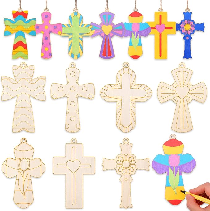 Anglechic 14 Set Spring Religious Craft Kit Christian Cross Painting Crafts DIY Unfinished Wooden Cross Sunday School Hanging Ornaments Blank Coloring Decoration for Home Church Activities