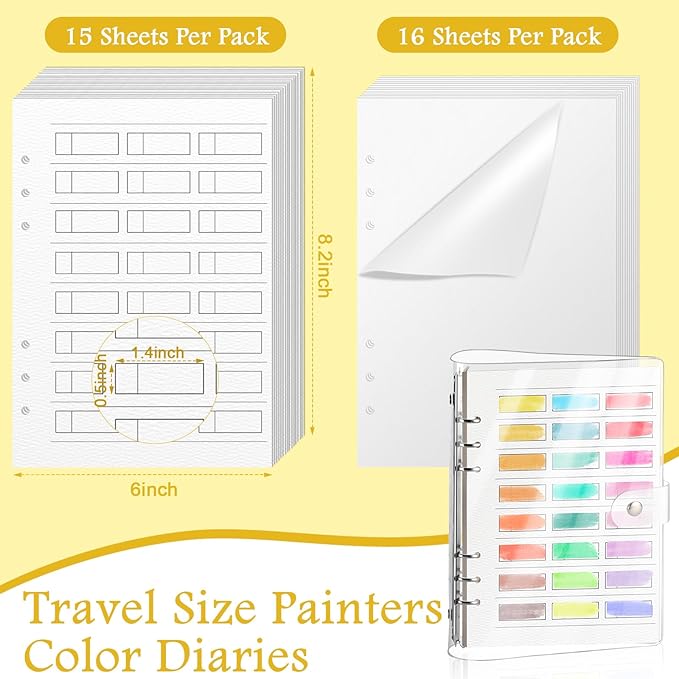 1 Pack Watercolor Swatch Book for Artists 140Lb 100% Cotton 15 Sheets Acid-Free Travel Size Painters Color Diary Spiral-Bound A5 Watercolor Journal Paper for Oil Pastels with Glassine PVC Cover
