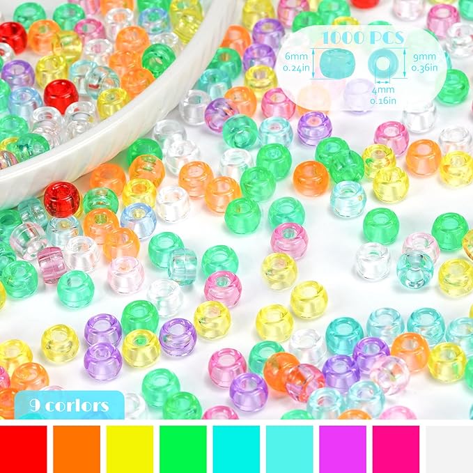 1000+ Pieces Clear Pony Beads Bulk, 9 Colors 6x9mm Transparent Acrylic Bead Large Plastic Kandi Beads for Bracelets Big Hole Hair Braids Jewelry Making Crafts DIY Projects