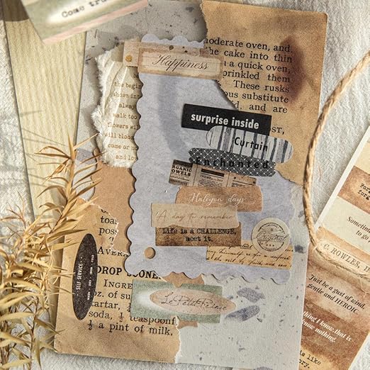822pcs Small Vintage Motivational Quote Words Stickers Set, Ephemera for Junk Journal Supplies, 6 Rolls Decorative Tape Die Cut Stickers for Scrapbooking, Journaling, Arts Crafts, Collage
