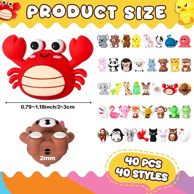 40 Pcs 3D Silicone Focal Beads Pens Beads Bulk for Beadable Keychain DIY Crafts Necklace Bracelet Phone Chain Charms Jewelry Making (Animal)